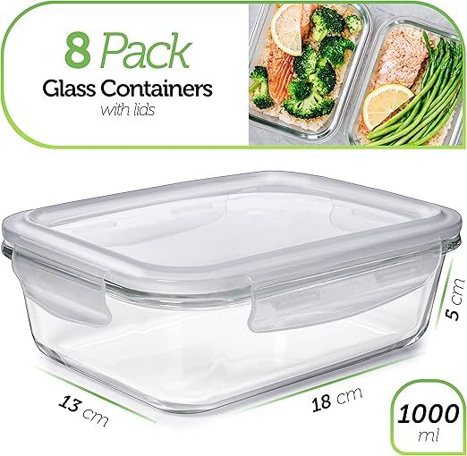Glass Meal Prep Containers (8 Pack 1000 ml) - Airtight Glass Containers with Lids - Glass Food St... | Amazon (UK)