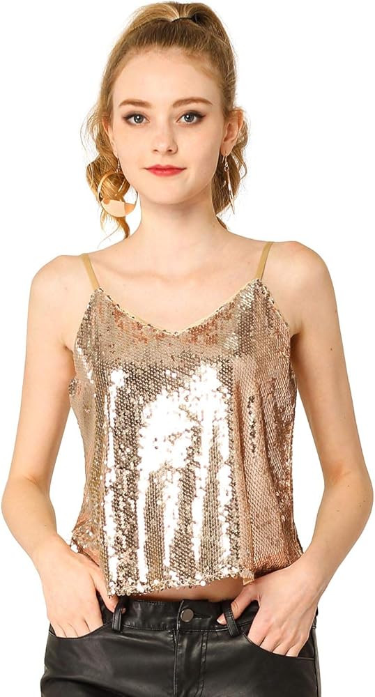 Allegra K Women's Sequined Shining Camisole Club Party Glitter Disco Sparkle Cami Top | Amazon (US)