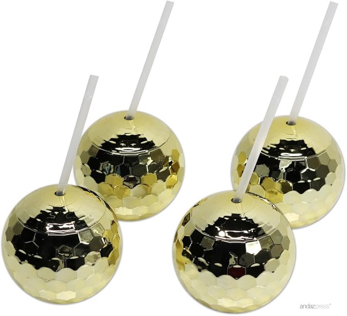 Andaz Press 1970s Disco Ball Drink Tumbler with Straw, Gold, 4-Pack, for Metallic Shiny Foil Colo... | Amazon (US)