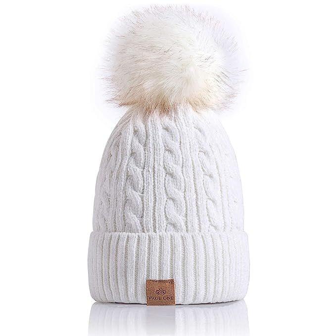 PAGE ONE Women Winter Pom Pom Beanie Hats Warm Fleece Lined,Chunky Trendy Cute Chenille Knit Twis... | Amazon (US)