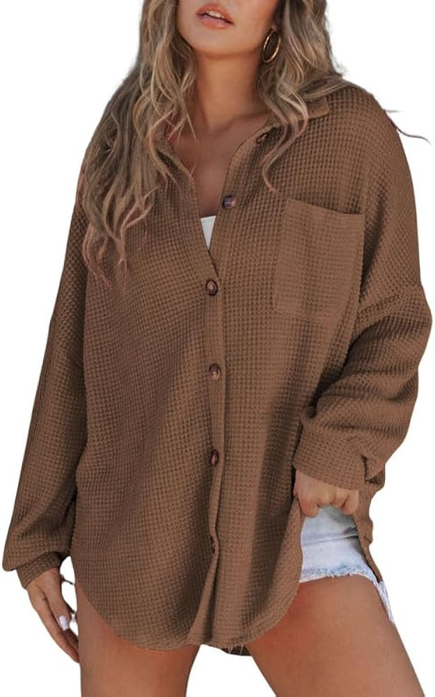 SHEWIN Women's Waffle Knit Button Down Shirts Casual Long Sleeve Shacket Jacket Boyfriend Tops Bl... | Amazon (US)