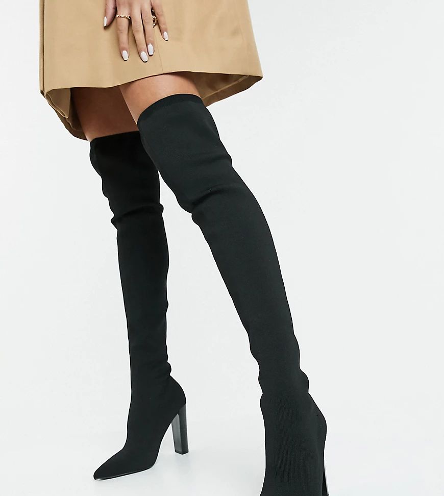 ASOS DESIGN Petite Kudos knitted block heel thigh-high boots in black | ASOS (Global)