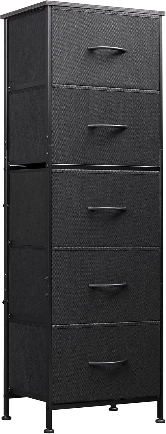 WLIVE Fabric Dresser, 5-Drawer Tall Dresser for Bedroom, Storage Organizer with Fabric Bins, Wood Top, Sturdy Steel Frame, Chest of Drawers for Closet, Hallway, Charcoal Black | Amazon (US)