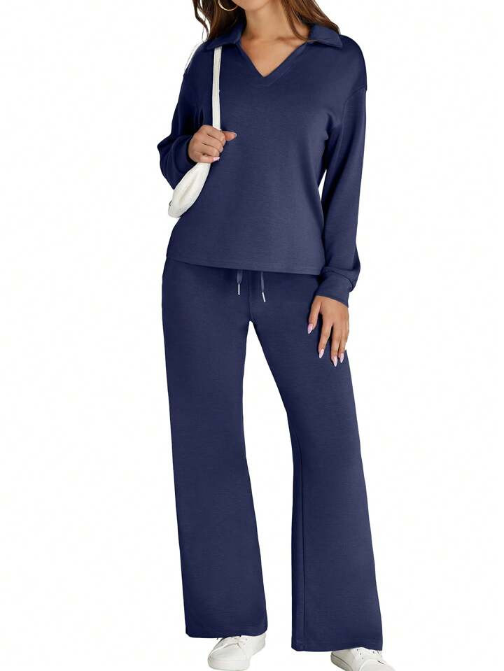 Women's 2 Piece Sets Outfits Casual Long Sleeve Sweatsuits Polo Top And Wide Leg Pants Matching S... | SHEIN