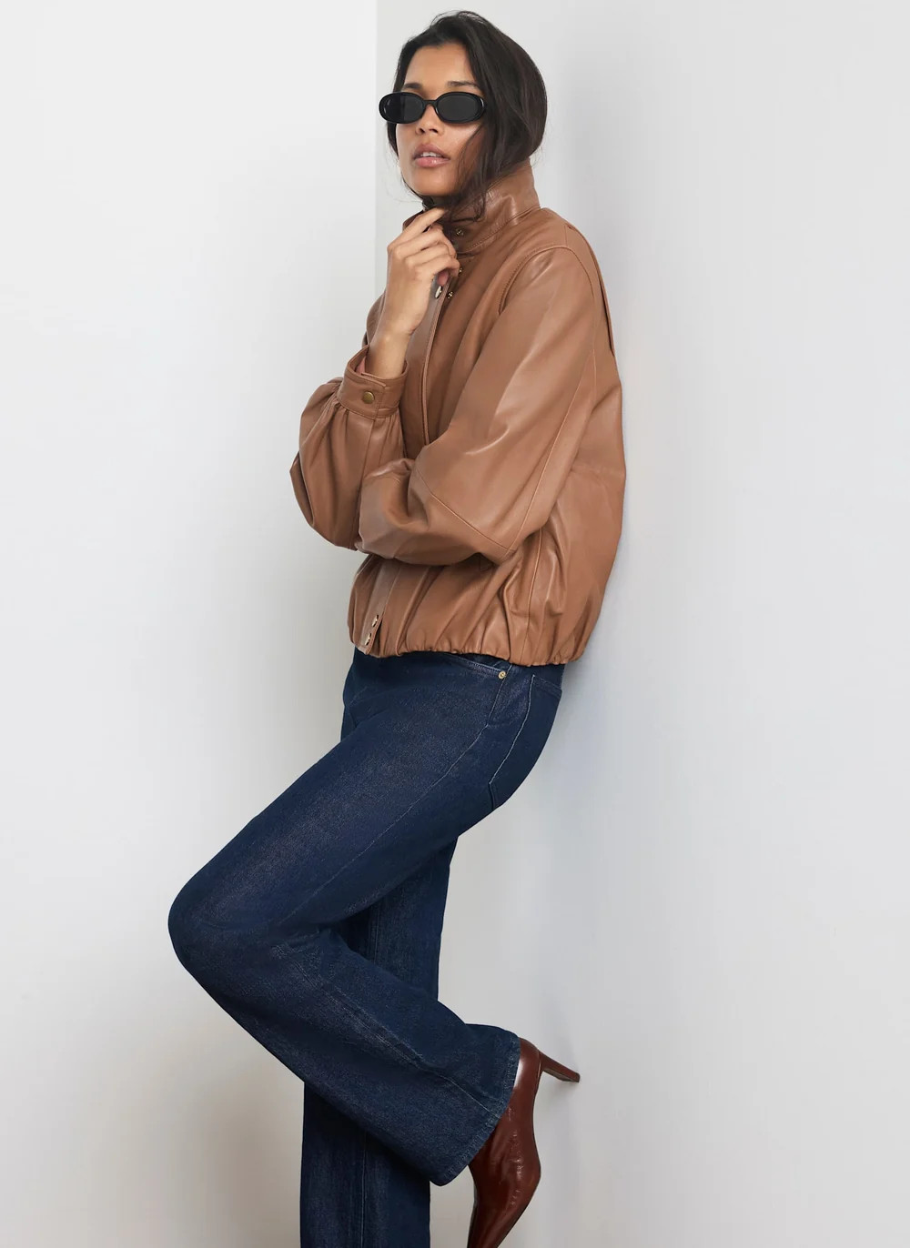 Tan Leather Ultimate Funnel Neck Bomber Jacket | Mint Velvet