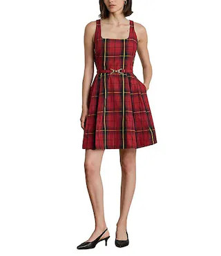Lauren Ralph Lauren Plaid Taffeta Square Neck Belted Pleated Skirt Fit-and-Flare Dress | Dillard'... | Dillard's