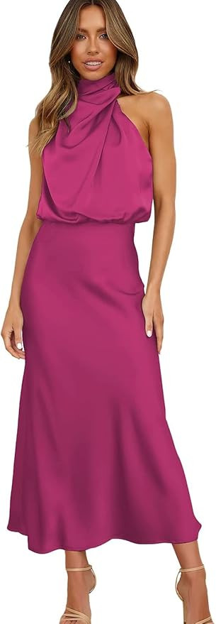ebossy Women's Elegant Pile Collar Sleeveless Satin Celebrity Evening Party Maxi Dress | Amazon (US)
