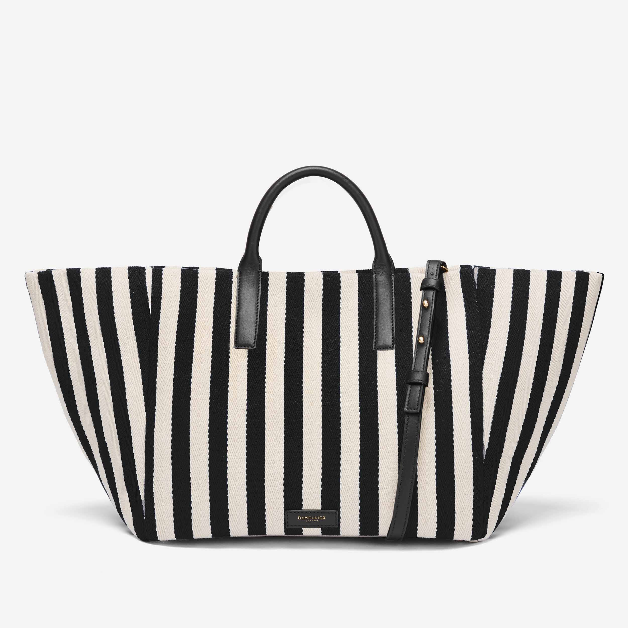 The Lisbon Tote | Black Striped Cotton Canvas Black Smooth | DeMellier | DeMellier