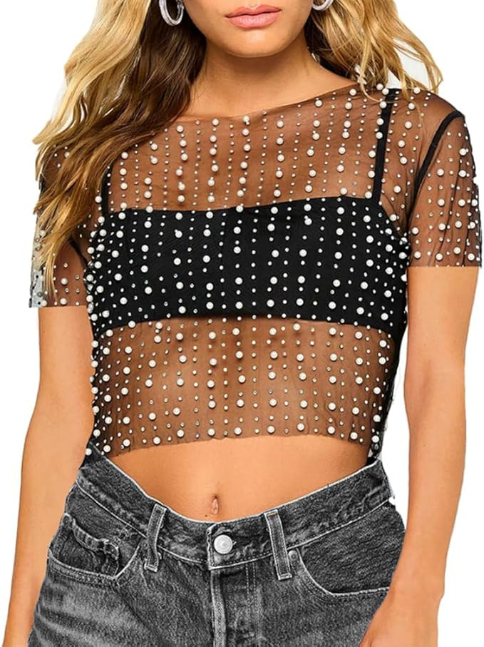LOFAAC Women Sexy Pearl Rhinestone Beaded Sheer Mesh Crop Tee Shirt Slim Fit Short Sleeve See Thr... | Amazon (US)