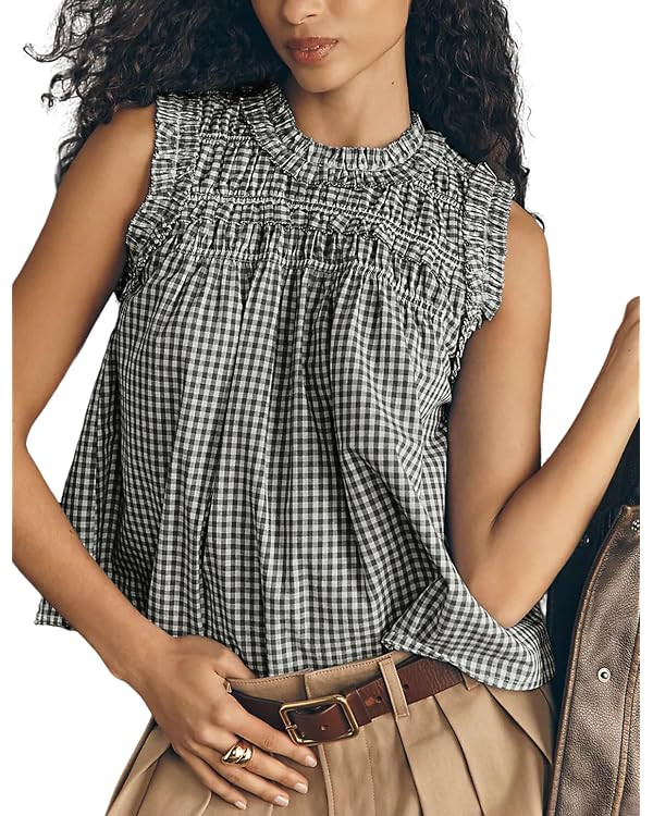 OPCAKM Casual Tops for Women Plaid Babydoll Peplum T Shirts | Sleeveless Flowy Tank,Gingham Cotto... | Amazon (US)