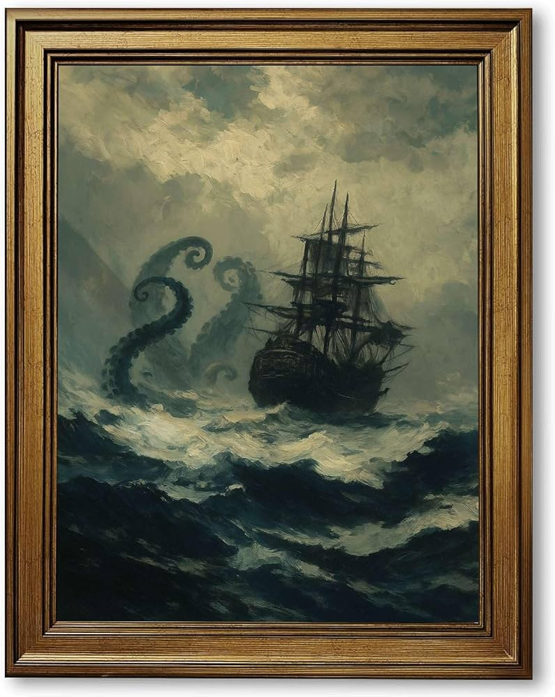 Framed Kraken Attacking Ship Poster Canvas Print Art, Vintage Wall Art Painting,Trendy Pictures,W... | Amazon (US)