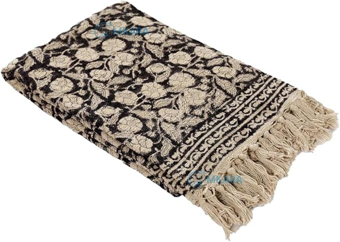 Floral Block Print Throw Blanket with Tassels, Black and Beige, Cotton Traditional Design (Reglua... | Amazon (US)