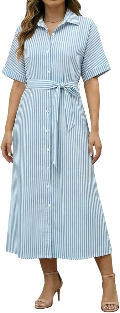 utcoco Women's Striped Midi Dress Casual Button Down Short Sleeve Belted Shirt Dress with Pockets | Amazon (US)