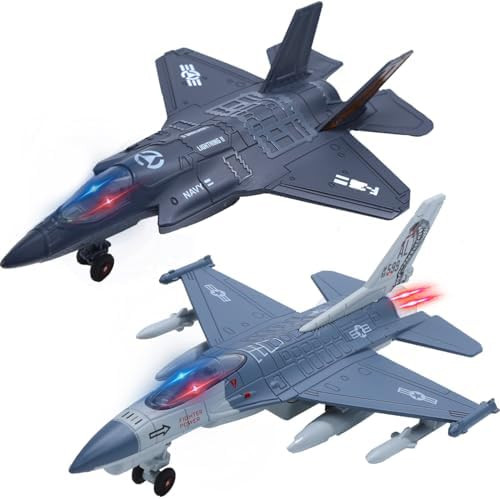 Double Fighter Jet Toy, F35 & F16 Diecast Planes with Lights & Sounds, Pull Back Military Airplan... | Amazon (US)