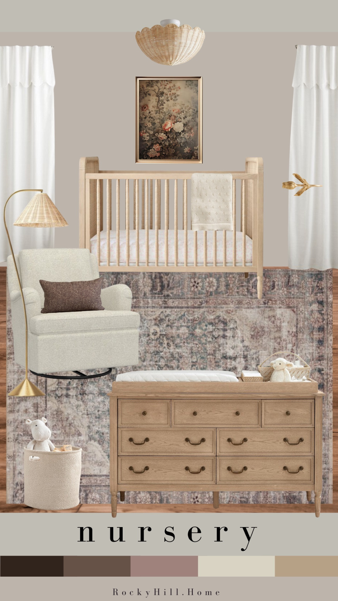 Girls Nursery, Muted Vintage Charm
This gorgeous nursery is feminine without being too sweet. Along with its muted color palette, the furniture will grow with your baby girl for years to come! 
Tip: choose a paint color after you see the rug in the room. Grab a bunch of paint chips from the store, and pull the wall color from the rug. 

baby’s room, crib, glider, dresser changing table

#LTKBaby #LTKStyleTip #LTKHome