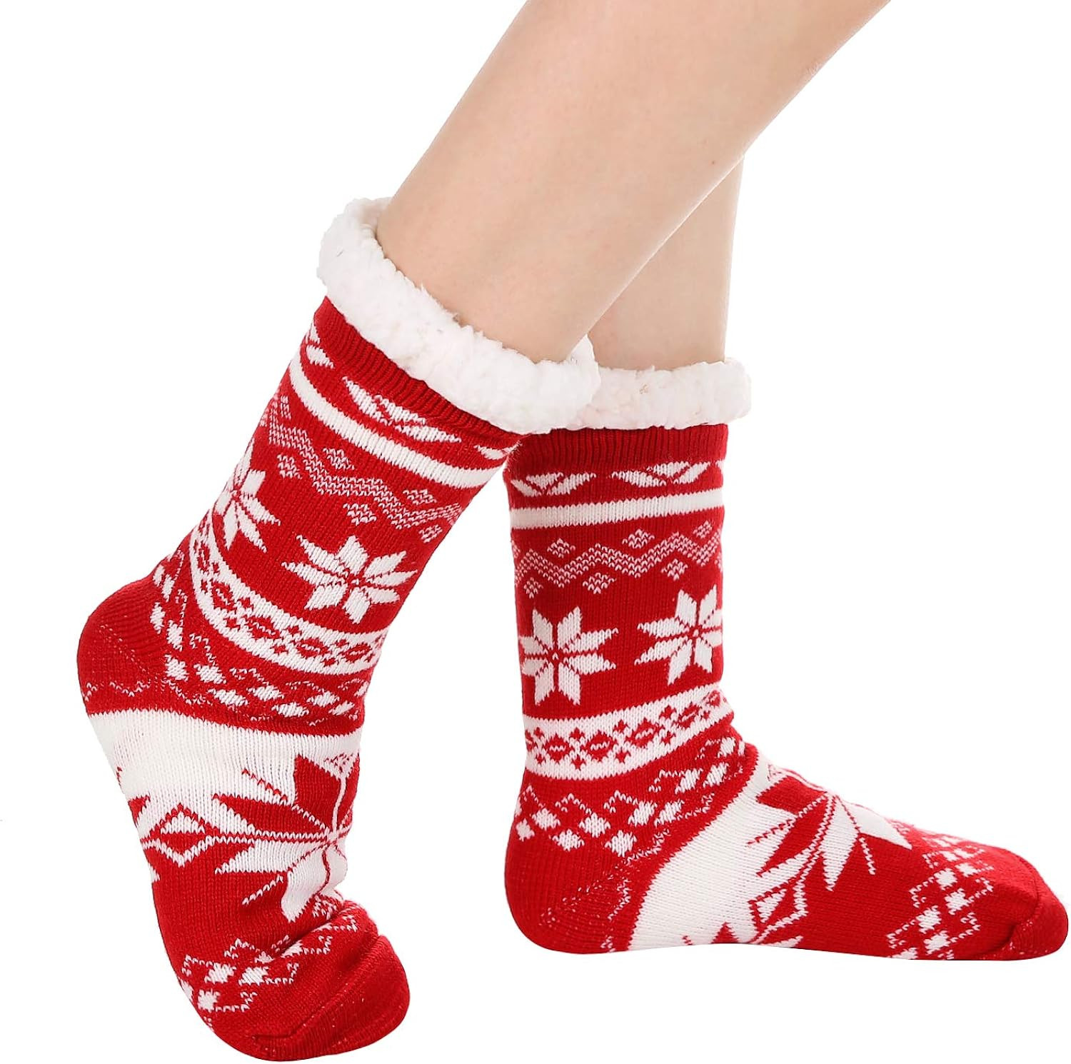 Cozy Womens Sherpa Lining Fuzzy Slipper Socks, Winter Crochet Christmas Thermal Slipper Sock with Si | Amazon (US)