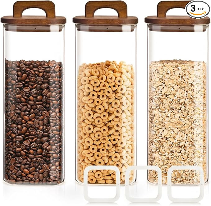 Glass Food Storage Canisters with Lids, 68oz Square Glass Jars with Bamboo Lids,Clear Food Storag... | Amazon (US)