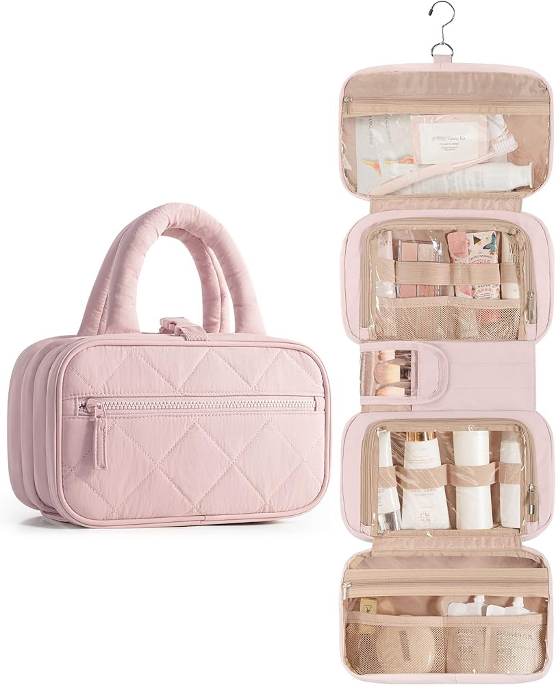 Travel Toiletry Bag for Women with Hanging Hook, Puffy Makeup Organizer with Brushes Slots for Ba... | Amazon (US)