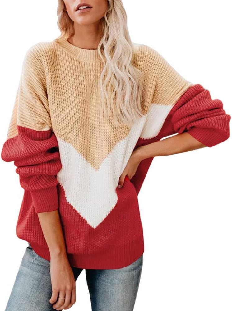 Soulomelody Womens Oversized Sweaters Crewneck Batwing Long Sleeve Chevron Color Block Fall Knit ... | Amazon (US)