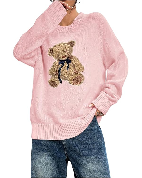GORGLITTER Women's Teddy Bear Sweater Long Sleeve Cute Crew Neck Knit Fall Pullover Tops | Amazon (US)