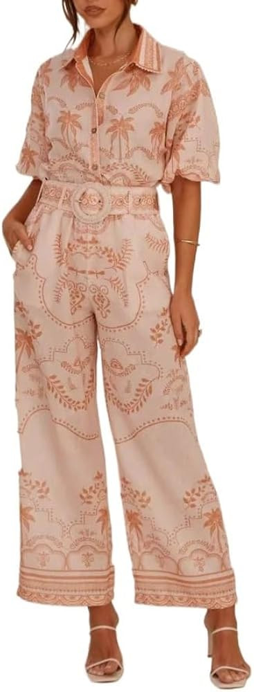 Women Graphic 2 Piece Pants Outfit,Short Sleeved Shirt, Wide Leg Pants, Vacation Beach Wear, Home... | Amazon (US)