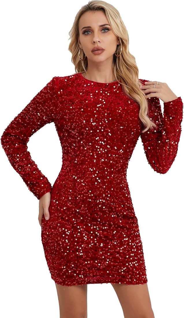 Women's Sequin Mini Dress - Long Sleeve Bodycon Homecoming Dress, Sparkly Cocktail Gown Glitter f... | Amazon (US)