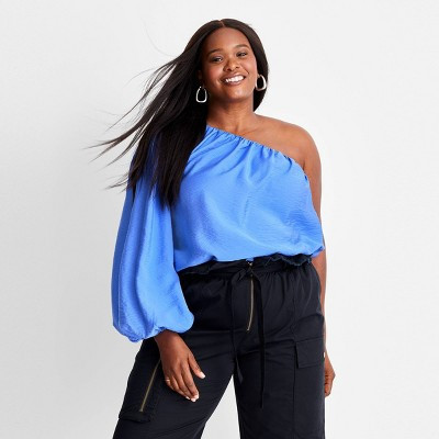 Women's Balloon Sleeve Asymmetrical One Shoulder Top - Future Collective™ with Jenny K. Lopez Blue 2X | Target