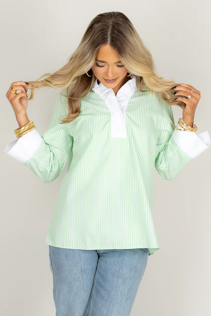 Foxcroft Tammy Striped Mojito & White Long Sleeve Blouse | The Willow Tree