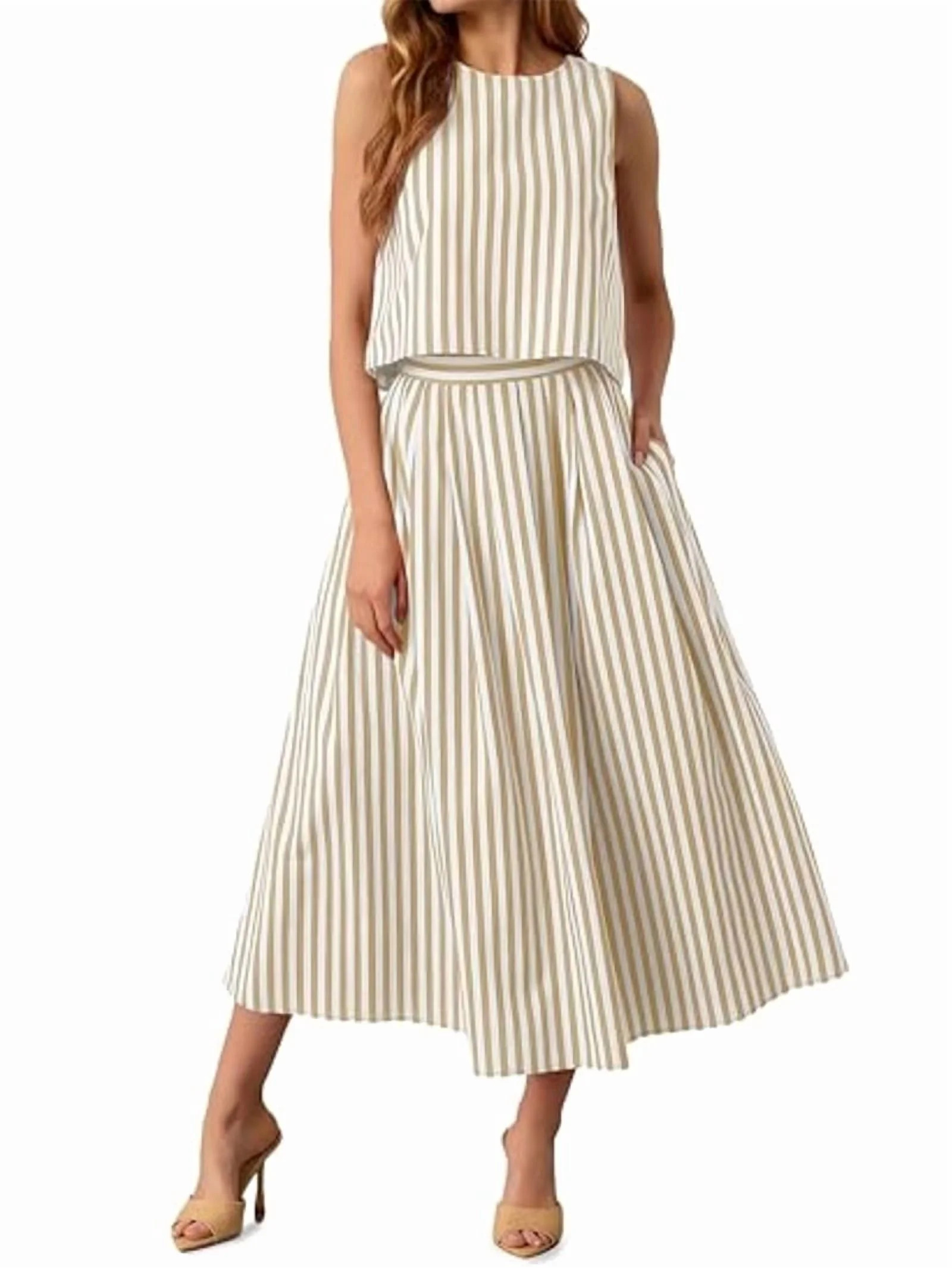 Womens 2 Piece Skirt Sets Summer Striped Sleeveless Tank Tops Midi Dress Vacation Outfits Matchin... | Walmart (US)