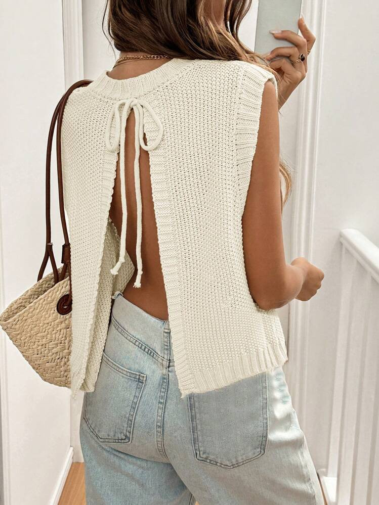 SHEIN Frenchy Women Solid Color Tie Back Sleeveless Split Hem Knit Top | SHEIN