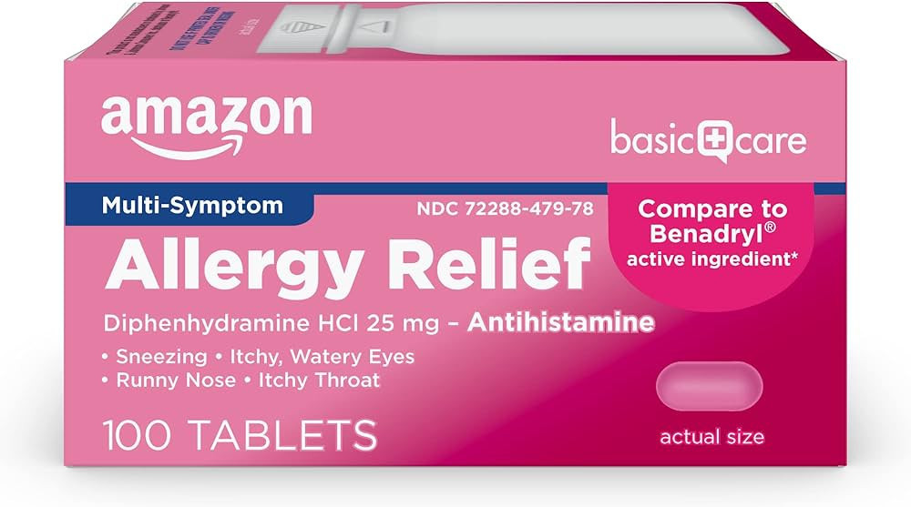 Amazon Basic Care Allergy Relief Diphenhydramine HCl 25 mg, Antihistamine Tablets for Symptoms Du... | Amazon (US)