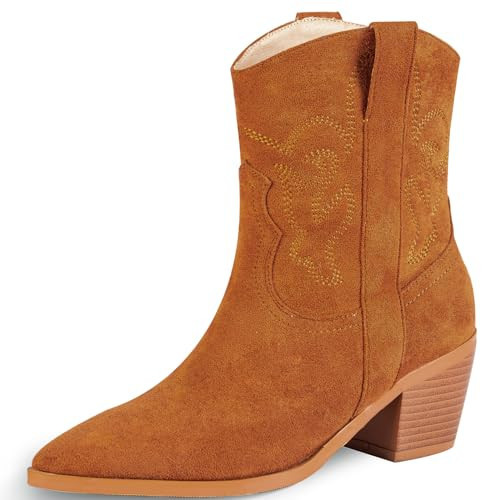 iiimmu Cowboy Boots for Women Brown Booties Pointed Toe and Chunky Heel Western Boots Suede Boots with Embroidered, Size 7 | Amazon (US)