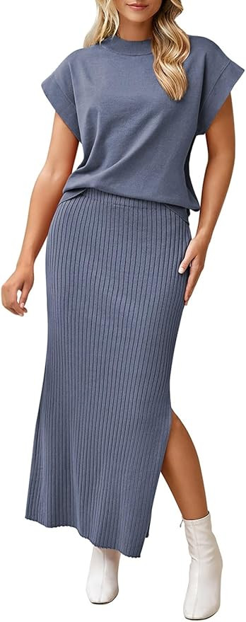 Pink Queen Women's 2 Piece Sweater Outfits Set Summer Cap Sleeve Tops Bodycon Maxi Long Skirt Kni... | Amazon (US)