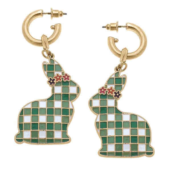 Stella Enamel Gingham Bunny Earrings in Green & White | CANVAS