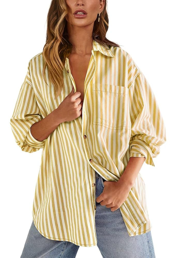 Womens Button Down Shirts Striped Classic Long Sleeve Collared Office Work Blouses Tops with Pock... | Amazon (US)