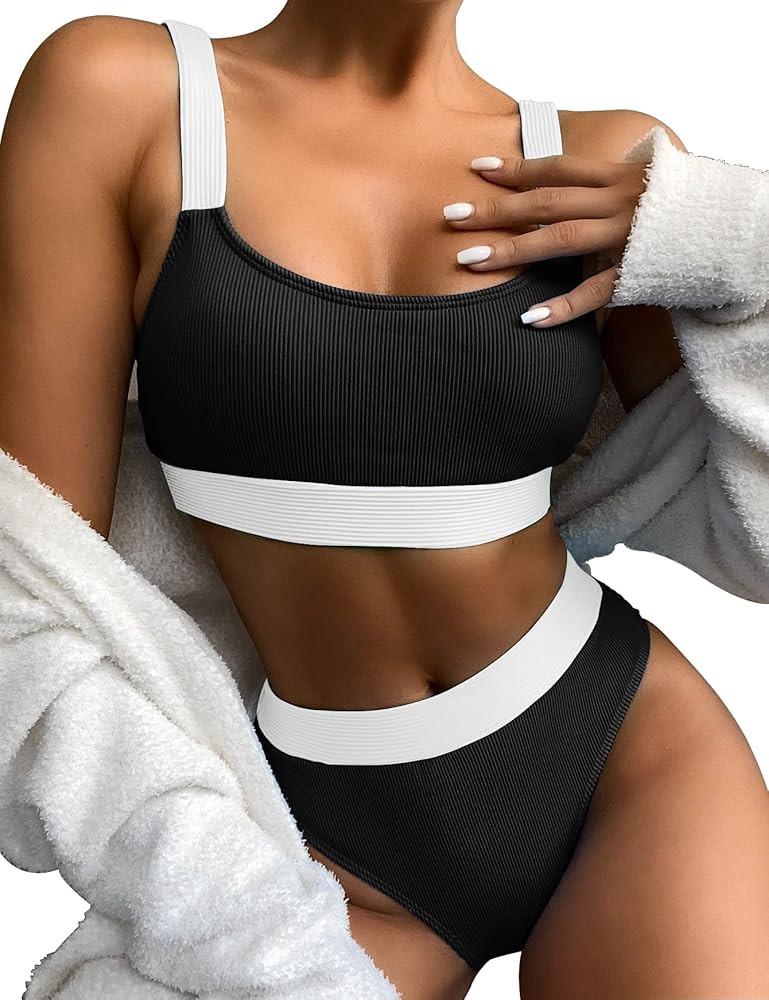 Women Sports High Waisted Swimsuits Two Piece Scoop Neck Crop Top Bikini Cheeky High Cut Ribbed Colo | Amazon (US)