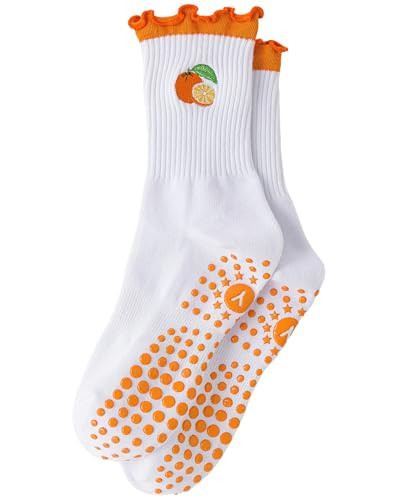 Yawlsow Cute Pilates Grip Socks for Women Ruffle Frilly Yoga Socks Non Slip Cotton Crew Grippy Sock for Barre Workout (US, Alpha, One Size, Regular, Regular, 1 Pack-Orange-1) | Amazon (US)