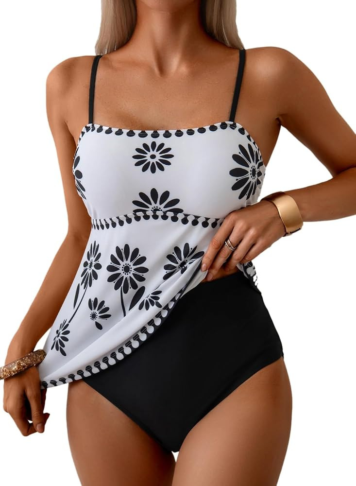 Dokotoo Women's Boho Floral Tankini Set Tummy Control Two Piece Swimsuits Flowy Vintage Beachwear | Amazon (US)