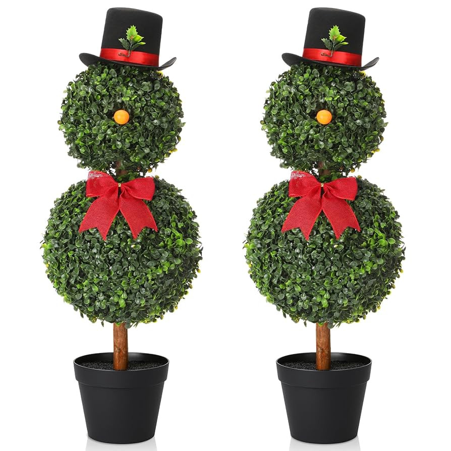 Yunlly 2 Pack Christmas Snowman Topiary 30'' Artificial Snowman Shaped Topiary Tree Pot with Red ... | Amazon (US)