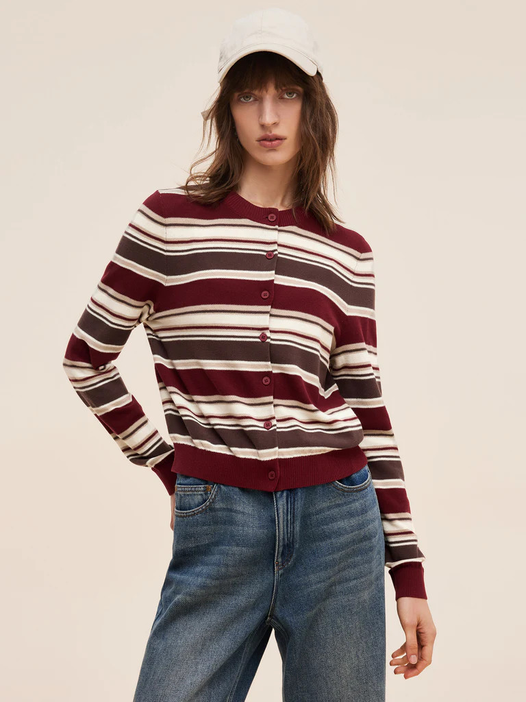 100% Cotton Multicolored Stripe Women Cardigan | GOELIA