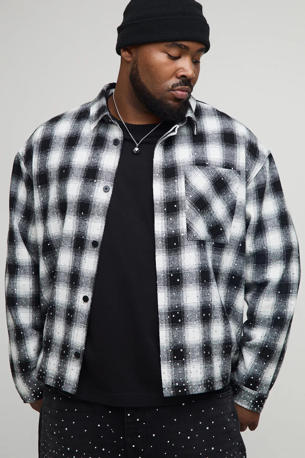 Plus Oversized Rhinestone Embellished Heavyweight Check Overshirt | boohooMAN (US & Canada)