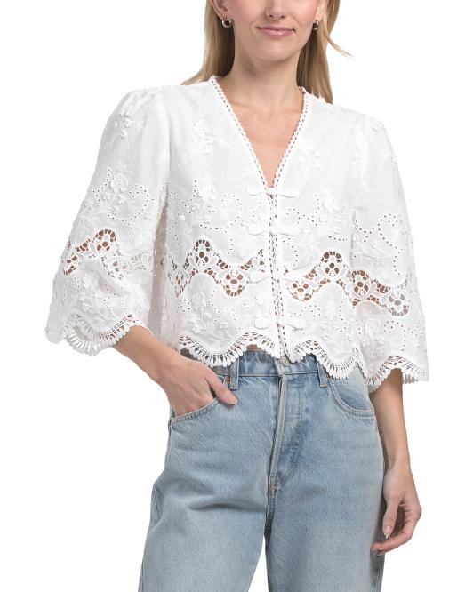 Embroidered Eyelet Top With Novelty Closure | TJ Maxx