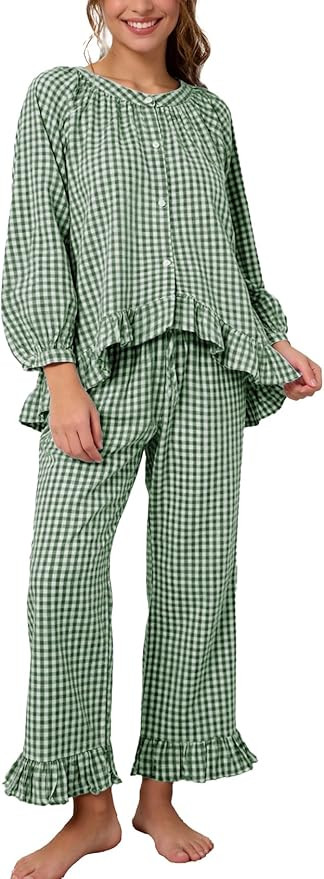 Flygo Womens Plaid Pajamas Sets 2 Piece Cotton Pj Set Puff Sleeve Ruffle Babydoll Shirt Gingham P... | Amazon (US)