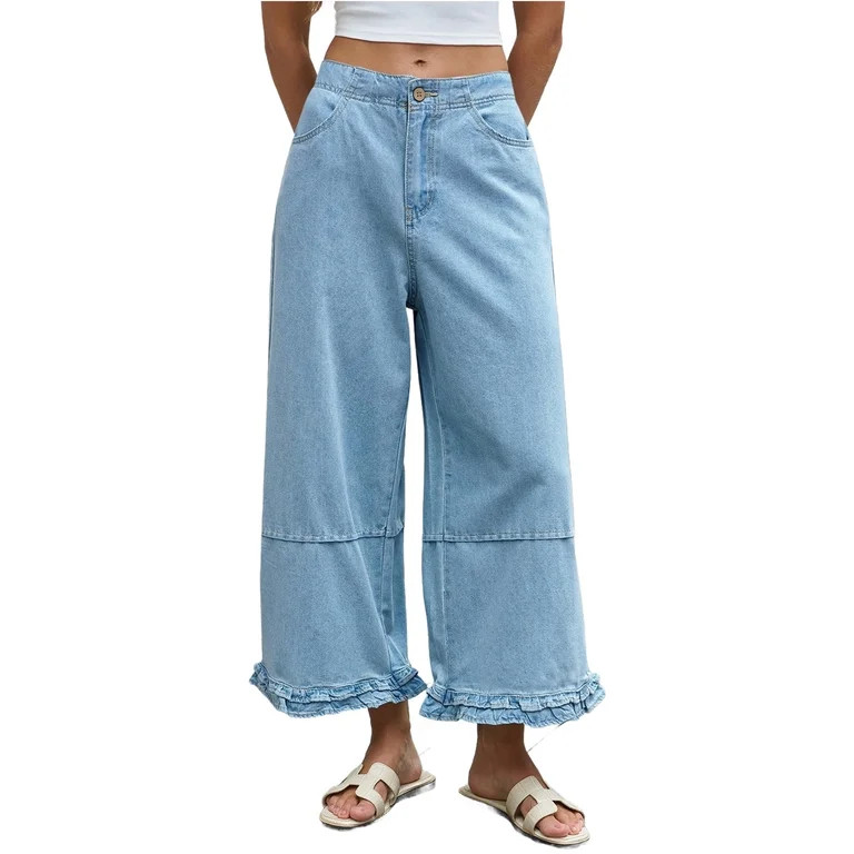Women Ruffle Patchwork Wide Leg Casual Denim Pants Ankle Jeans | Walmart (US)