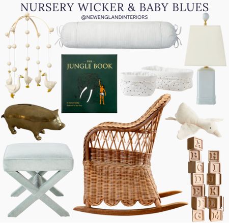 New England Interiors • Nursery Wicker & Baby Blues • Rocking Chair, Blocks, Mobile, Antique Brass Piggy Bank, Stool, Table Lamp, Jungle Book, Decor & Storage. 💙🦢

TO SHOP: Click the link in bio or copy and paste the link in web browser 

#newengland #boymom #baby #nursery #nurseryinspo #wicker #blue #antique

#LTKbump #LTKbaby #LTKhome