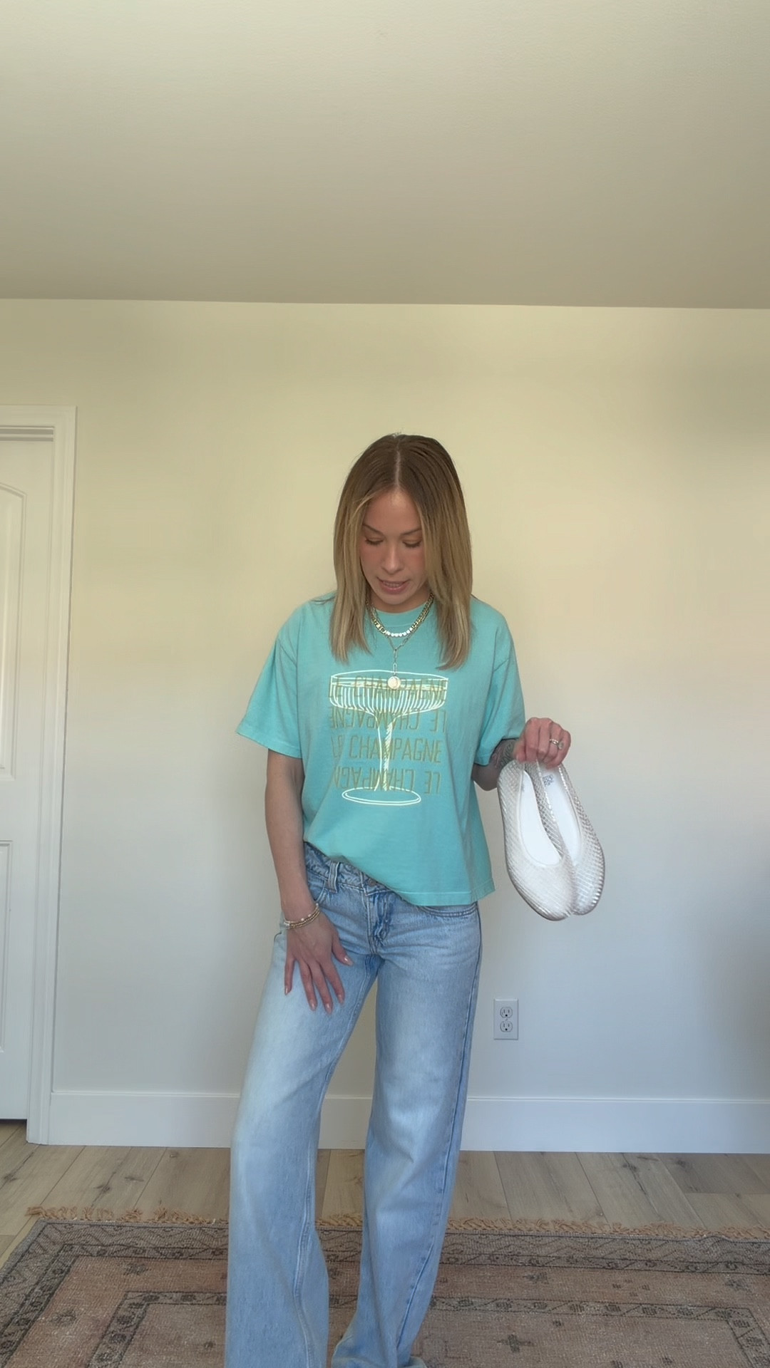 Size L in the tee (chalky mint), went up 1 size in the jeans 🩵 Target restocked the clear jellies!! 🏃🏼‍♀️💨

#LTKgrwm #LTKootd