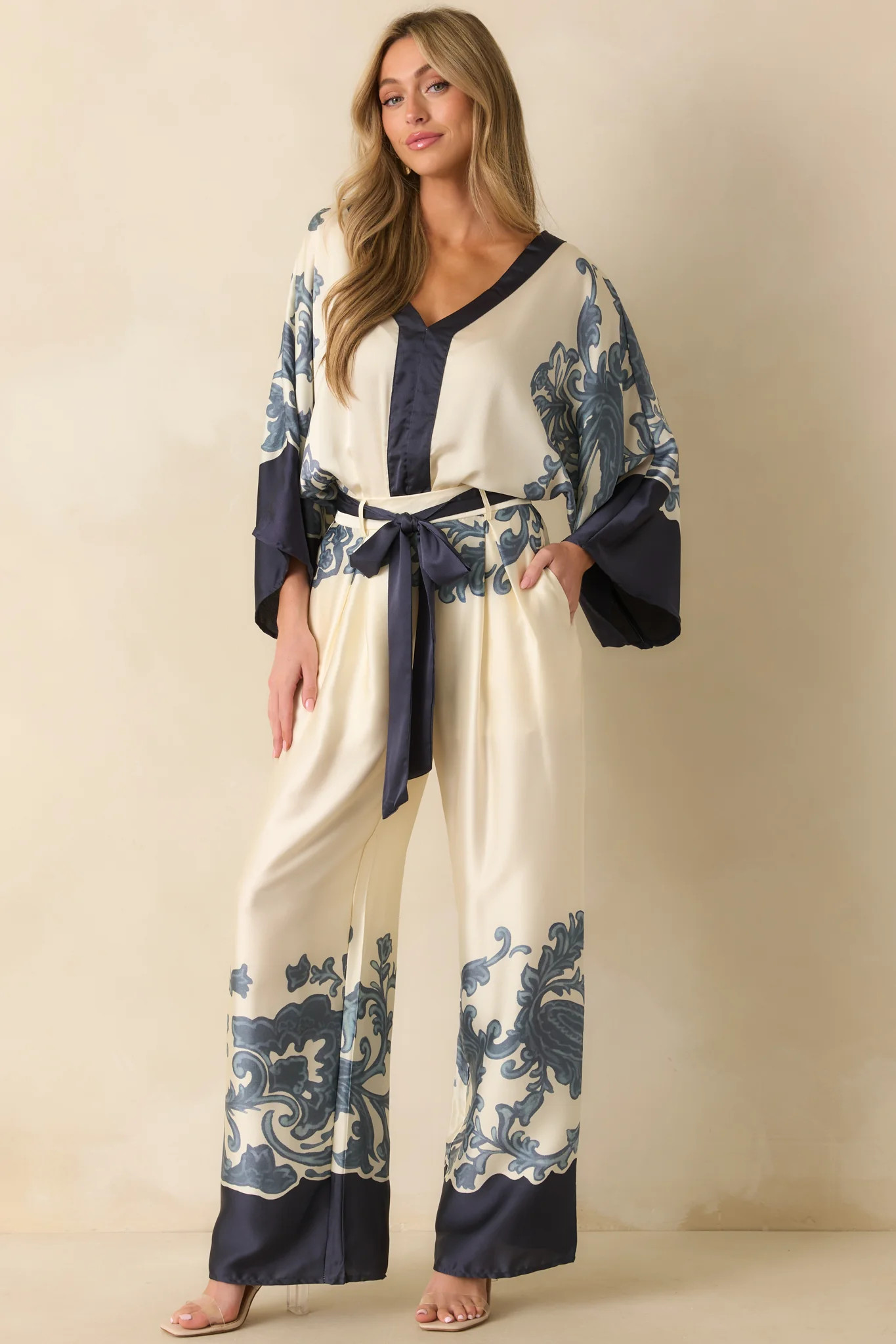 With That Said Navy Multi Print Contrast Trim Kimono Sleeve Bodysuit | Red Dress