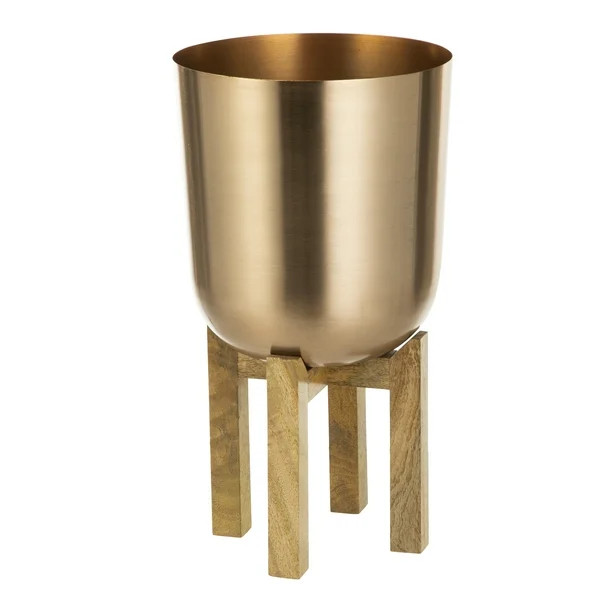 Mainstays Copper Round Iron and Wood Planter & Stand Set, 8.25" x 15.25" - Walmart.com | Walmart (US)