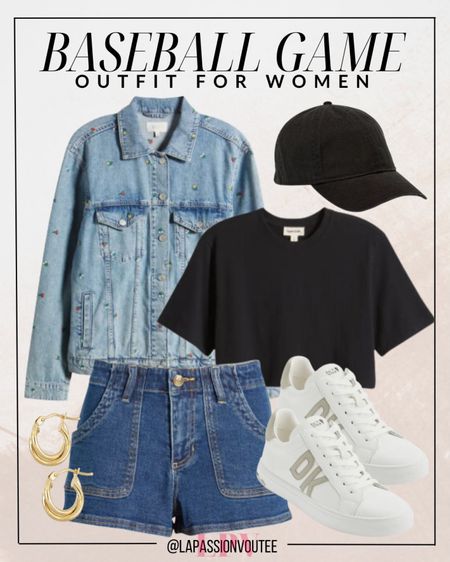 Hit it out of the park with this classic baseball game ensemble! Rock a denim jacket over a crop tee paired with denim shorts for a timeless look. Complete the outfit with a baseball cap, hoop earrings, and sneakers for a sporty yet stylish vibe that's perfect for cheering on your team!

#LTKSeasonal #LTKstyletip