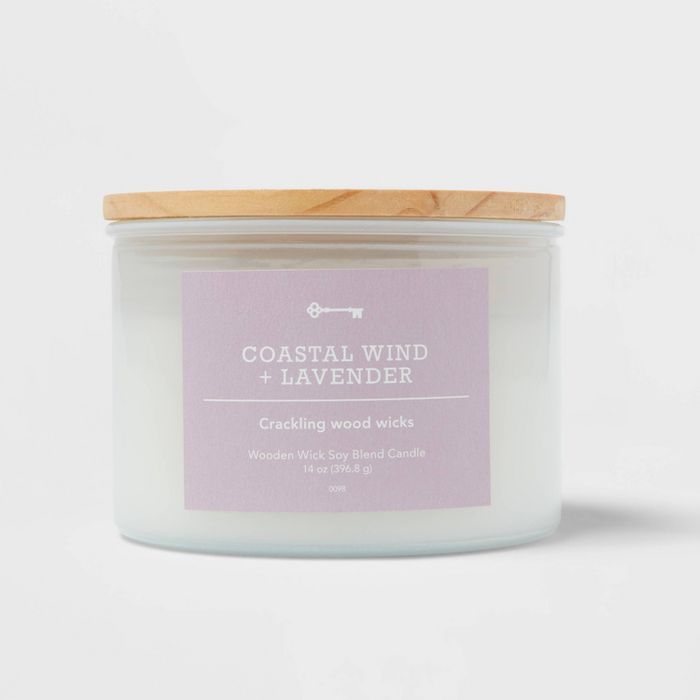 Milky White Glass Candle with Wood Lid and Stamped Logo Coastal Wind and Lavender - Threshold™ | Target